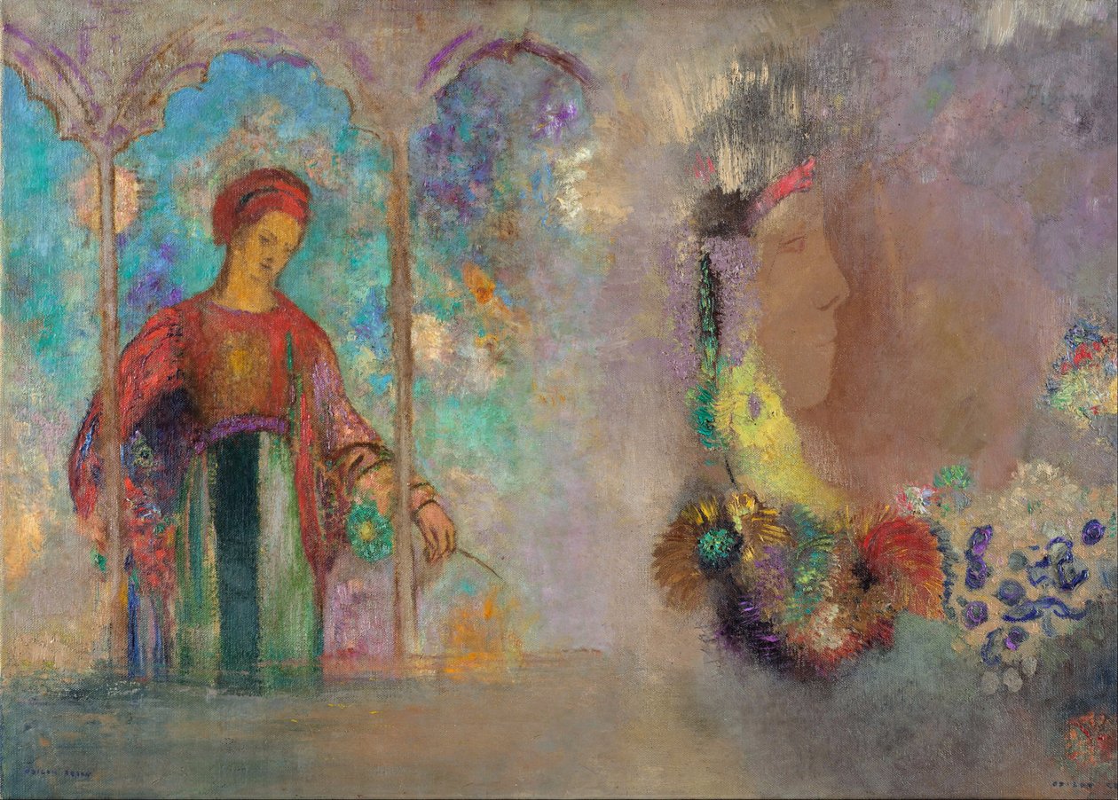 Woman in a gothic arcade - Woman with flowers by Odilon Redon