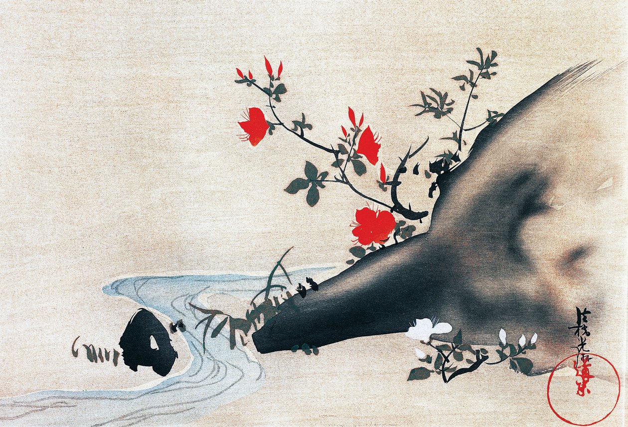 Azaleas and stream, kakemonos (hung scrolls) painted on silk by Ogata Korin