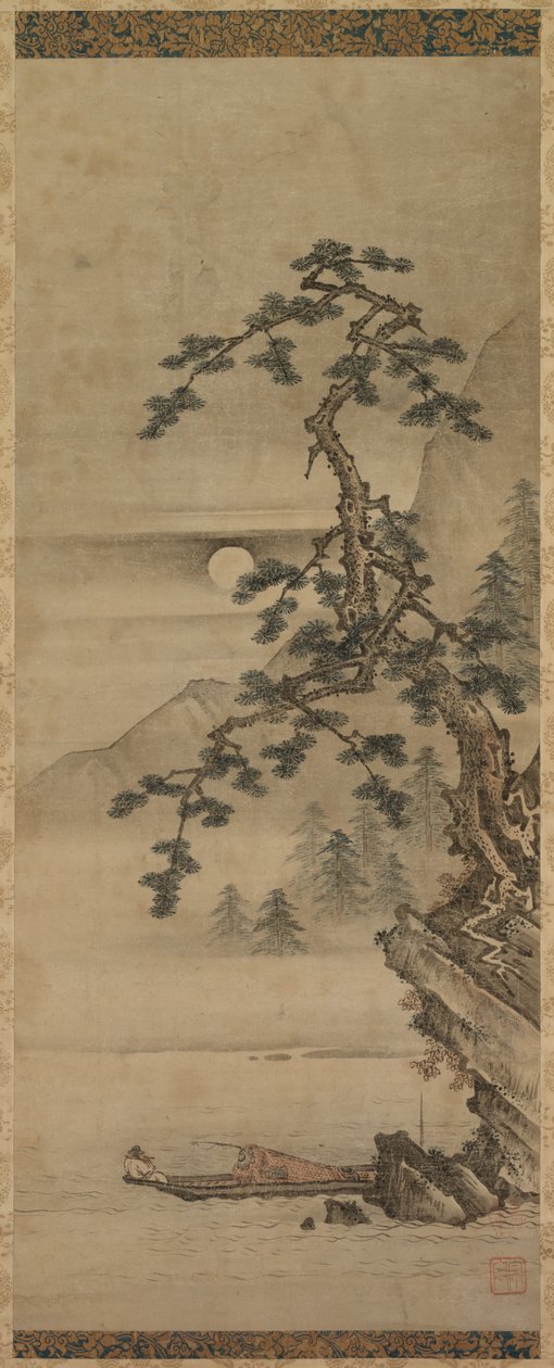 Moonlit Landscape of Pine Tree with Old Man in Boat, Muromachi period, 1392-1573 by Oguri Sotan