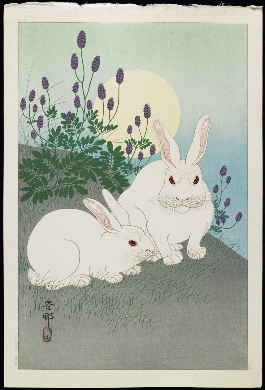 Two White Rabbits Under a Full Moon by Ohara Koson