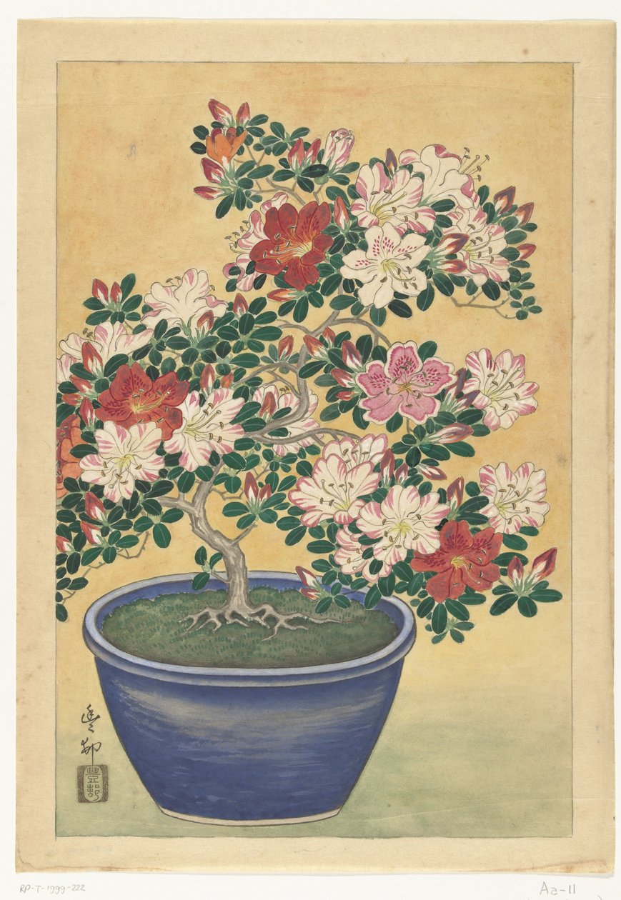 Blooming Azalea in Blue Pot by Ohara Koson (signed by artist)