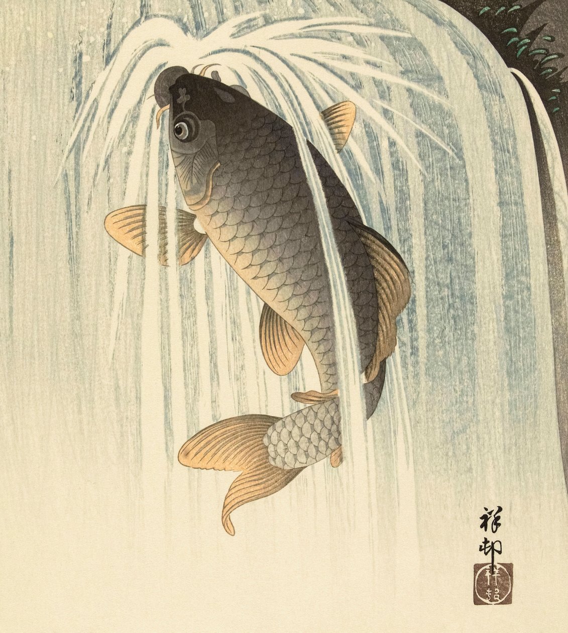 Carp Under a Waterfall by Ohara Koson
