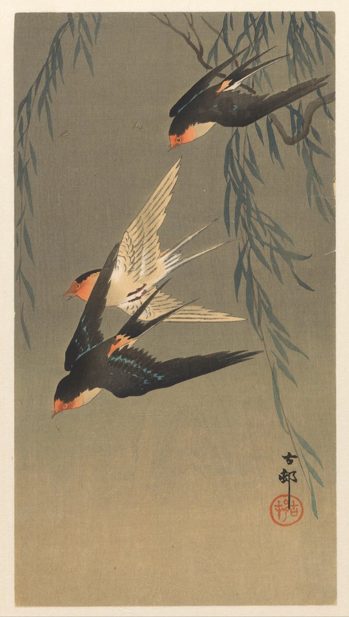 Three Red-Rumped Swallows in Dive by Ohara Koson