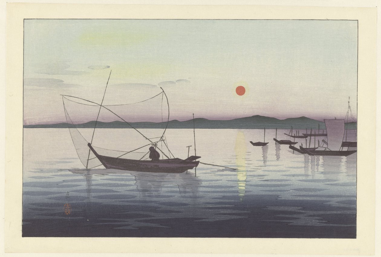 Fishing boats at sunset by Ohara Koson