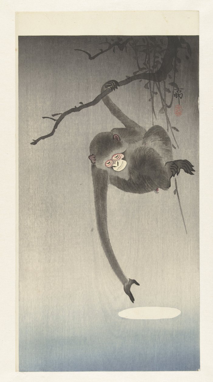 Monkey reaches for reflection of the moon by Ohara Koson