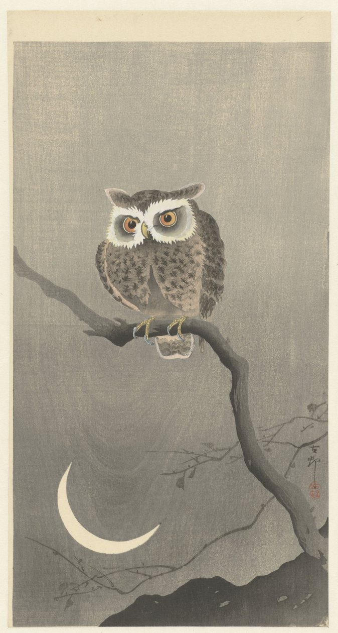 Scops owl on a branch with crescent moon by Ohara Koson