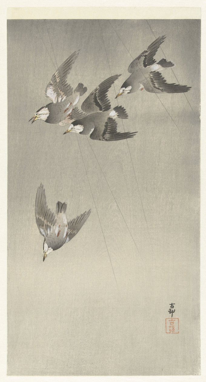Starlings in the Rain by Ohara Koson