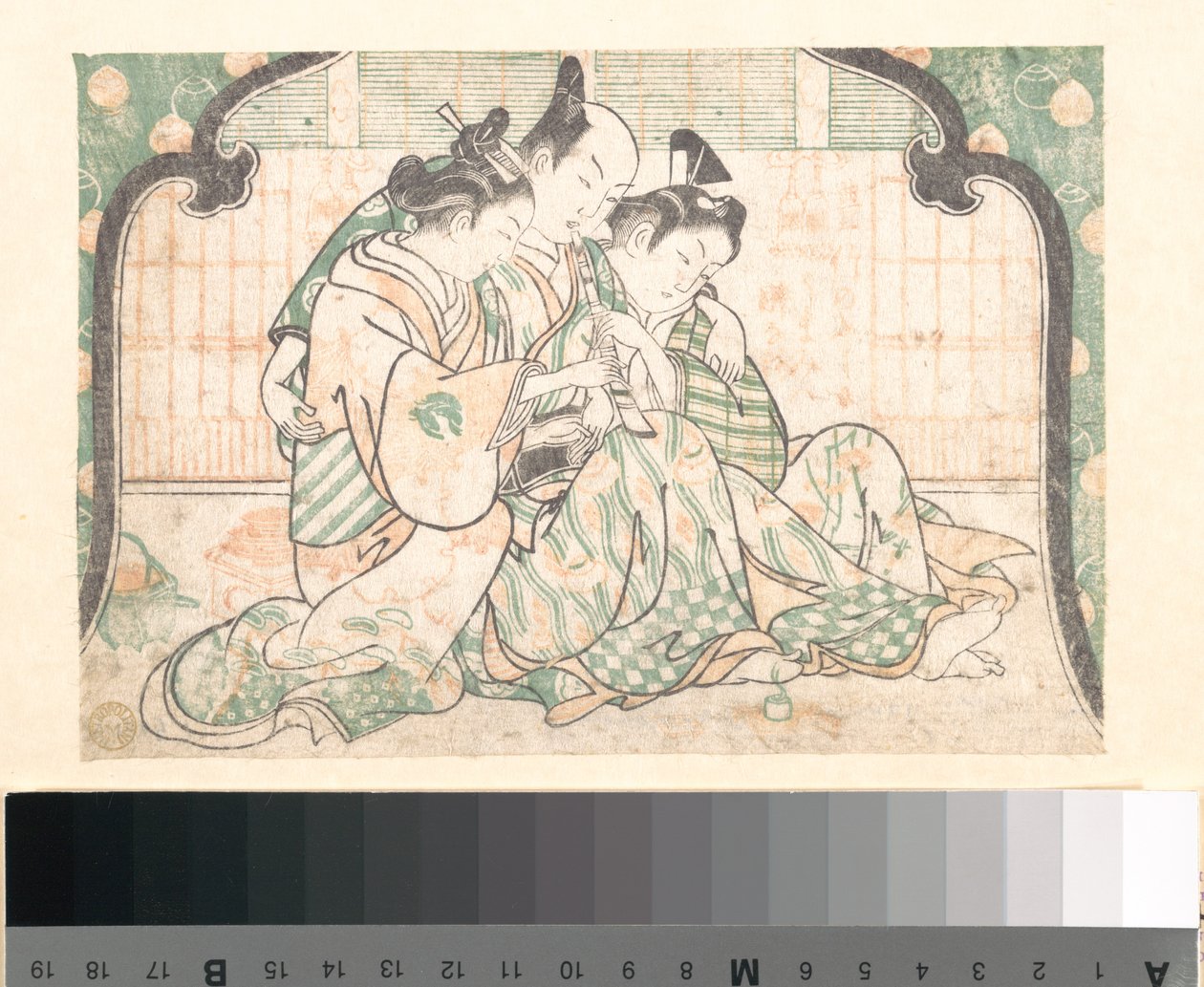 A Young Man Seated Between Two Women by Okumura Masanobu