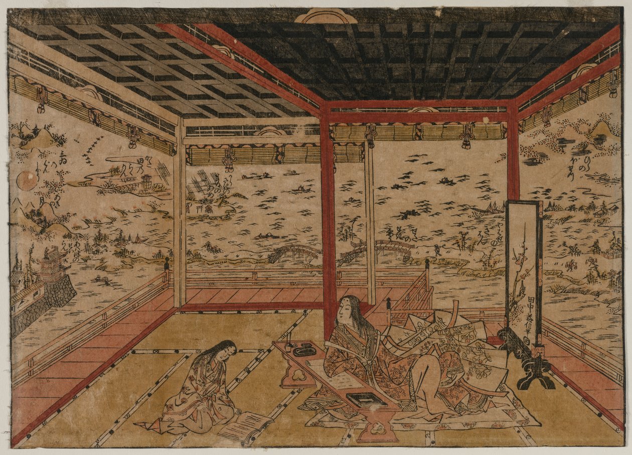 Lady Murasaki at Ishiyama Overlooking a Panorama with Seven Views of Lake Biwa, 1740s by Okumura Masanobu