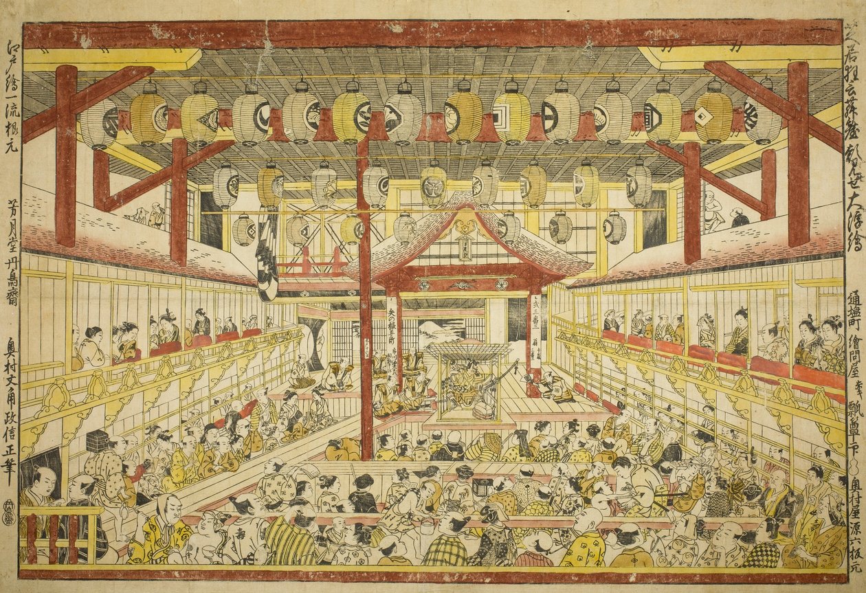 Large Perspective Picture of the Kaomise Performance on the Kabuki Stage by Okumura Masanobu