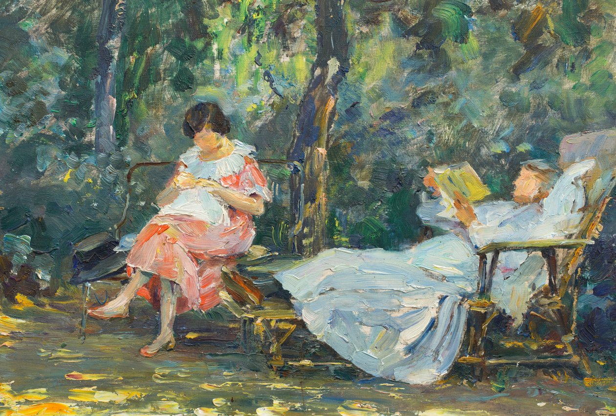 Reading and Knitting in the Garden by Olga (1881 1941) Slomszynska