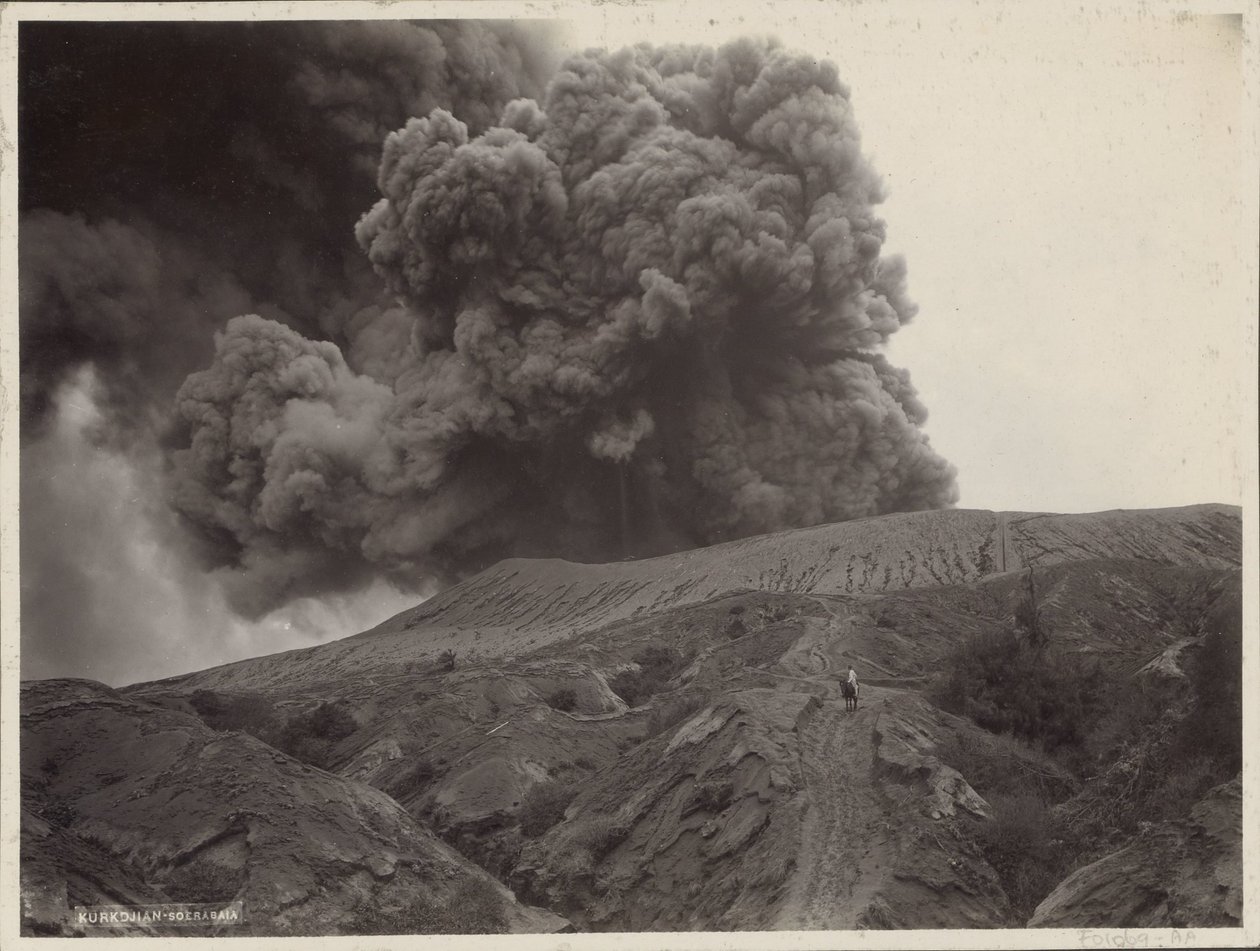 Man with Horse by a Smoking Volcano in the Dutch East Indies by Onnes Kurkdjian