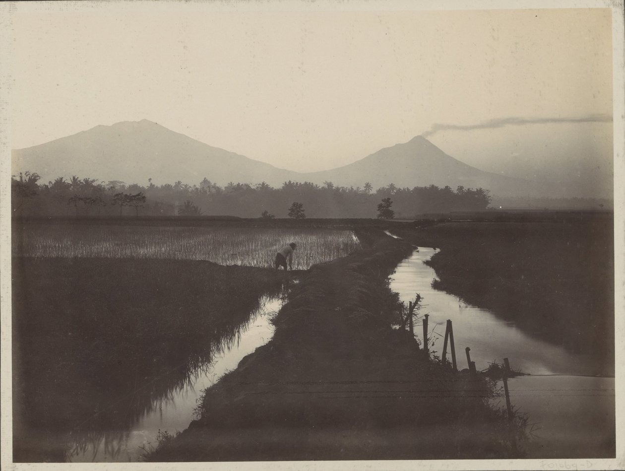 Man Working on the Land at the Foot of a Smoking Volcano by Onnes Kurkdjian