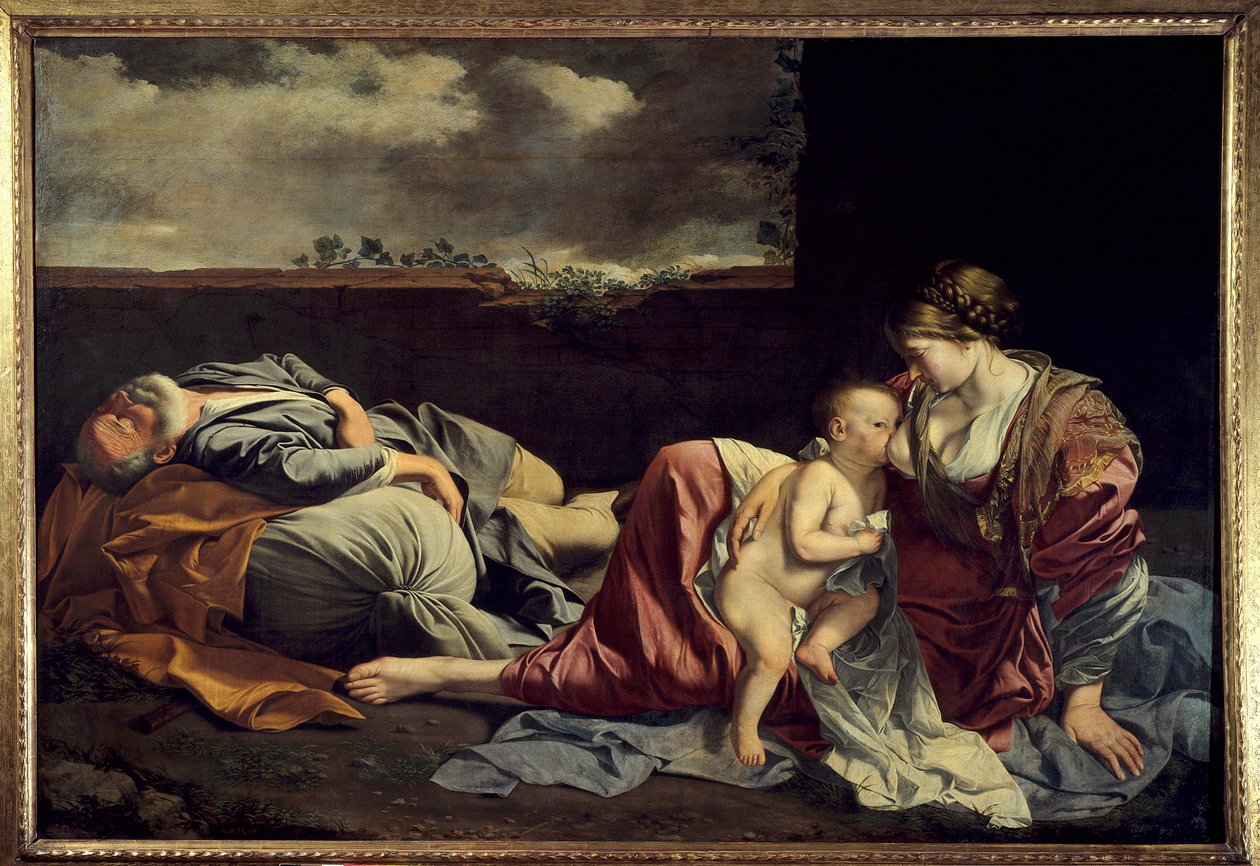 The Rest of the Holy Family During the Flight to Egypt Painting by Orazio Gentileschi (1562-1647) 17th century Sun. 1.57 x 2.25 m. Paris. Louvre Museum by Orazio Gentileschi