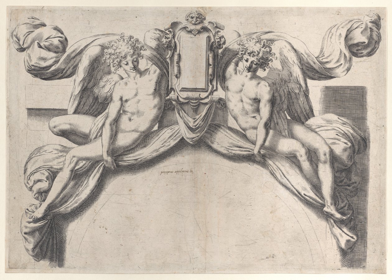 Two angels supporting a cartouche or shield by Orazio de Sanctis