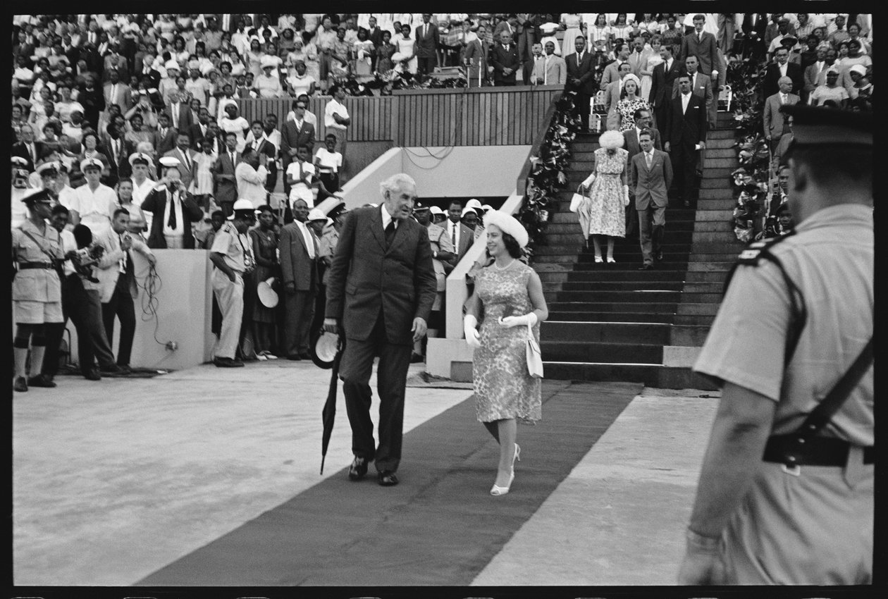 Princess Margaret and Prime Minister Bustamante celebrating Jamaican independence 1962 (b/w photo) by Orlando Suero