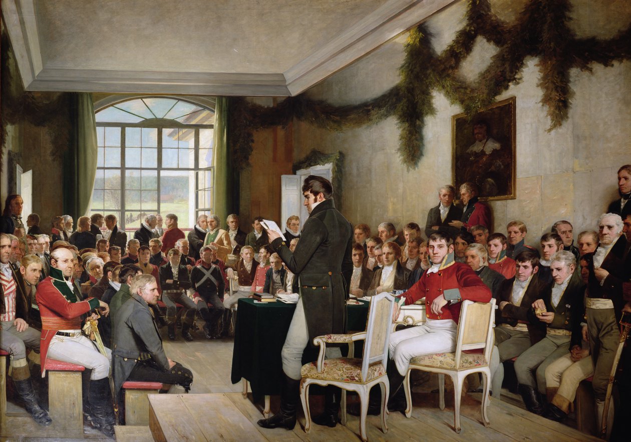 The National Assembly at Eidsvoll passing the Norwegian Constitution in 1814 by Oscar Arnold Wergeland