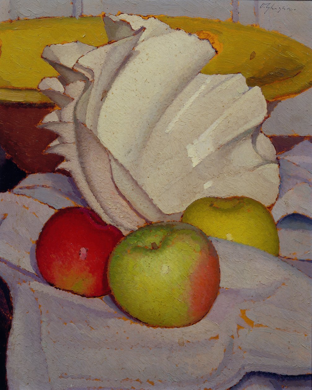 Composition with shell and three apples by Oscar Ghiglia