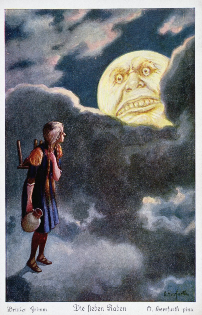 The moon threatens to eat the young girl attempting to rescue her brothers, illustration from The Seven Ravens by the Grimm Brothers by Oskar Herrfurth