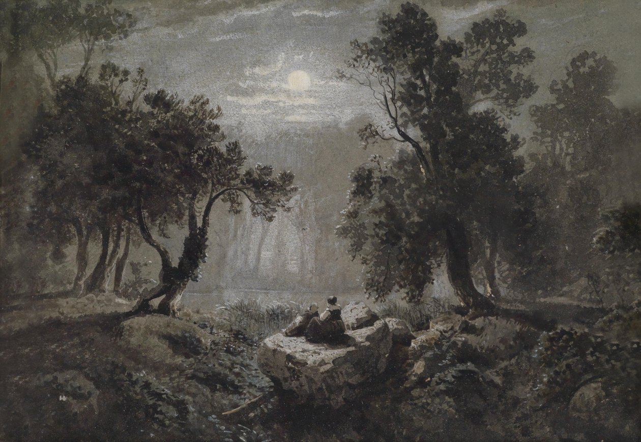 A Romantic Forest Landscape in Moonlight by Oswald Achenbach