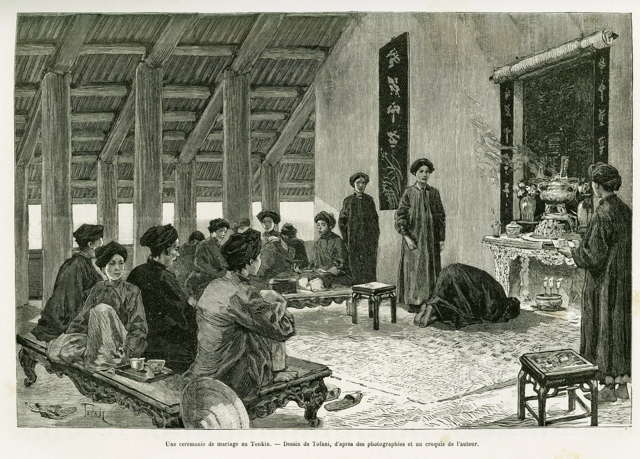 A wedding ceremony at Tonkin. Engraving to illustrate the story Trente mois au Tonkin, in 1884, by Dr Paul Hocquard, in le tour du monde 1890, under the direction of Edouard Charton, Hachette, Paris. by Oswaldo Tofani
