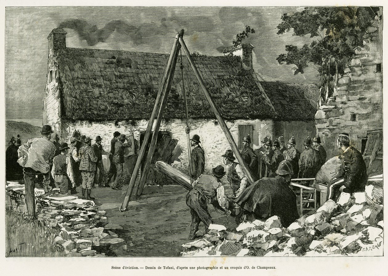 Eviction scene. Engraving to illustrate the story Trois mois en Irlande, in 1889, by Marie Anne de Bovet, in le tour du monde 1890, directed by Edouard Charton, Hachette, Paris. by Oswaldo Tofani
