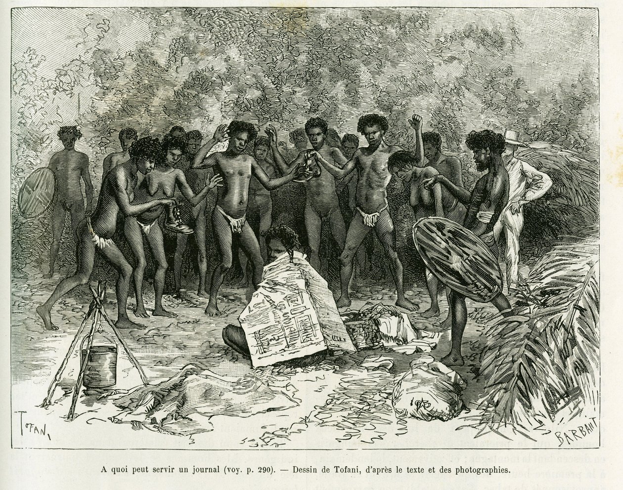 What can a newspaper be used for? Engraving to illustrate the story Chez les cannibales, Voyage dans le nord-est de l