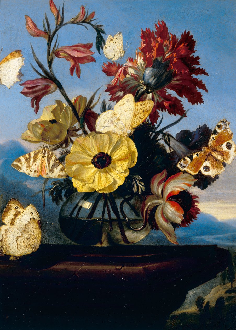 Vase of flowers with a butterfly by Otto Marseus  van Schrieck