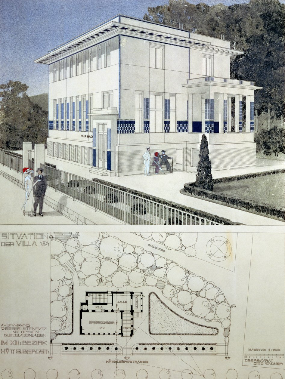 Villa Wagner, Vienna, design showing the exterior of the house, built of steel and concrete in severe geometric style with deep blue panels and nailhead ornament, with below a plan of the house and gr by Otto Wagner