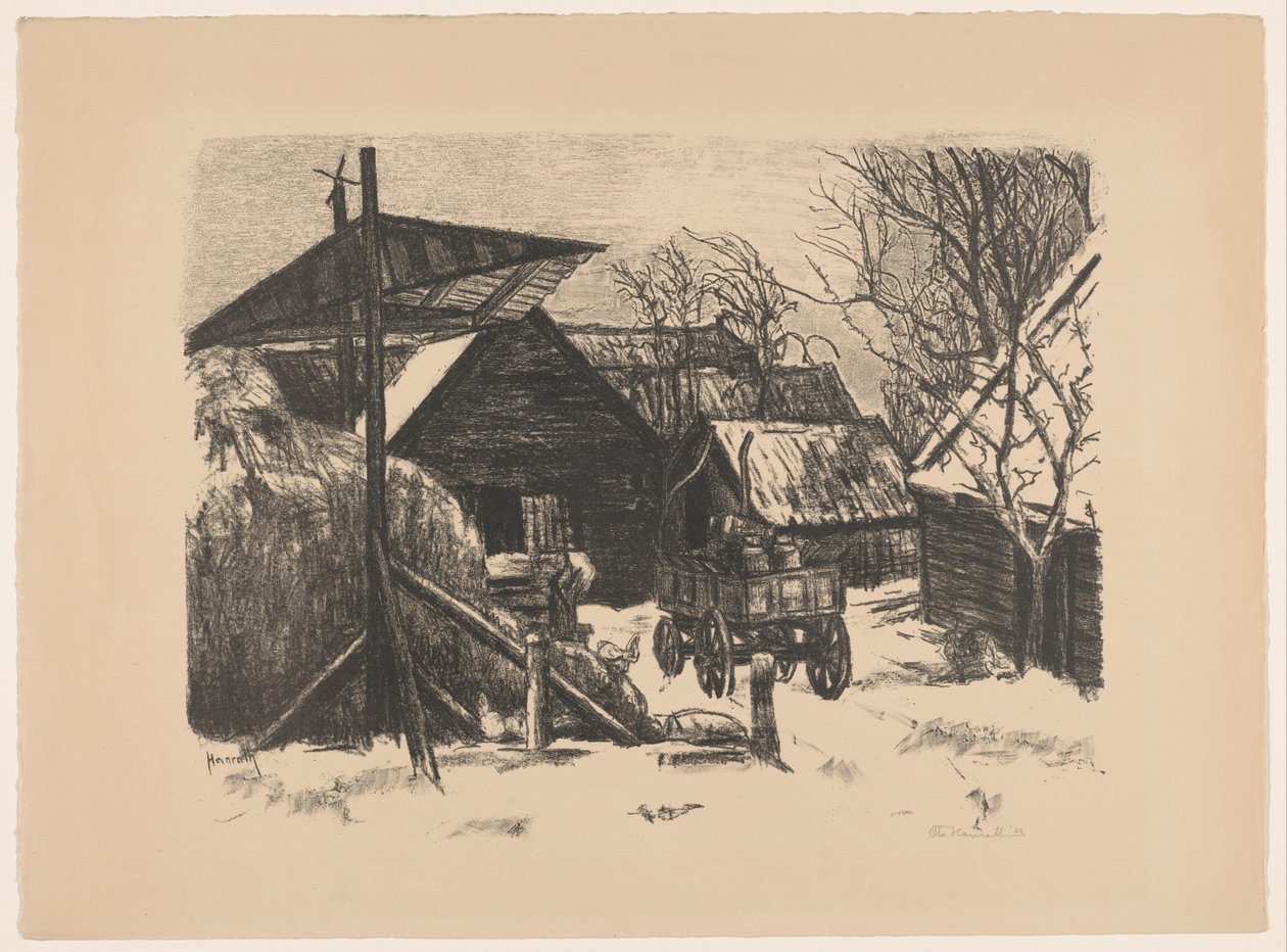 Farmyard in the Snow by Otto Hanrath (signed by artist)