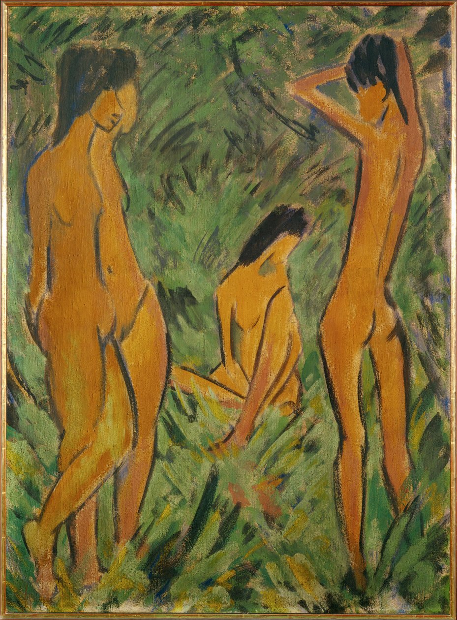 Boy in front of two girls, one standing, one seated by Otto Muller or Mueller