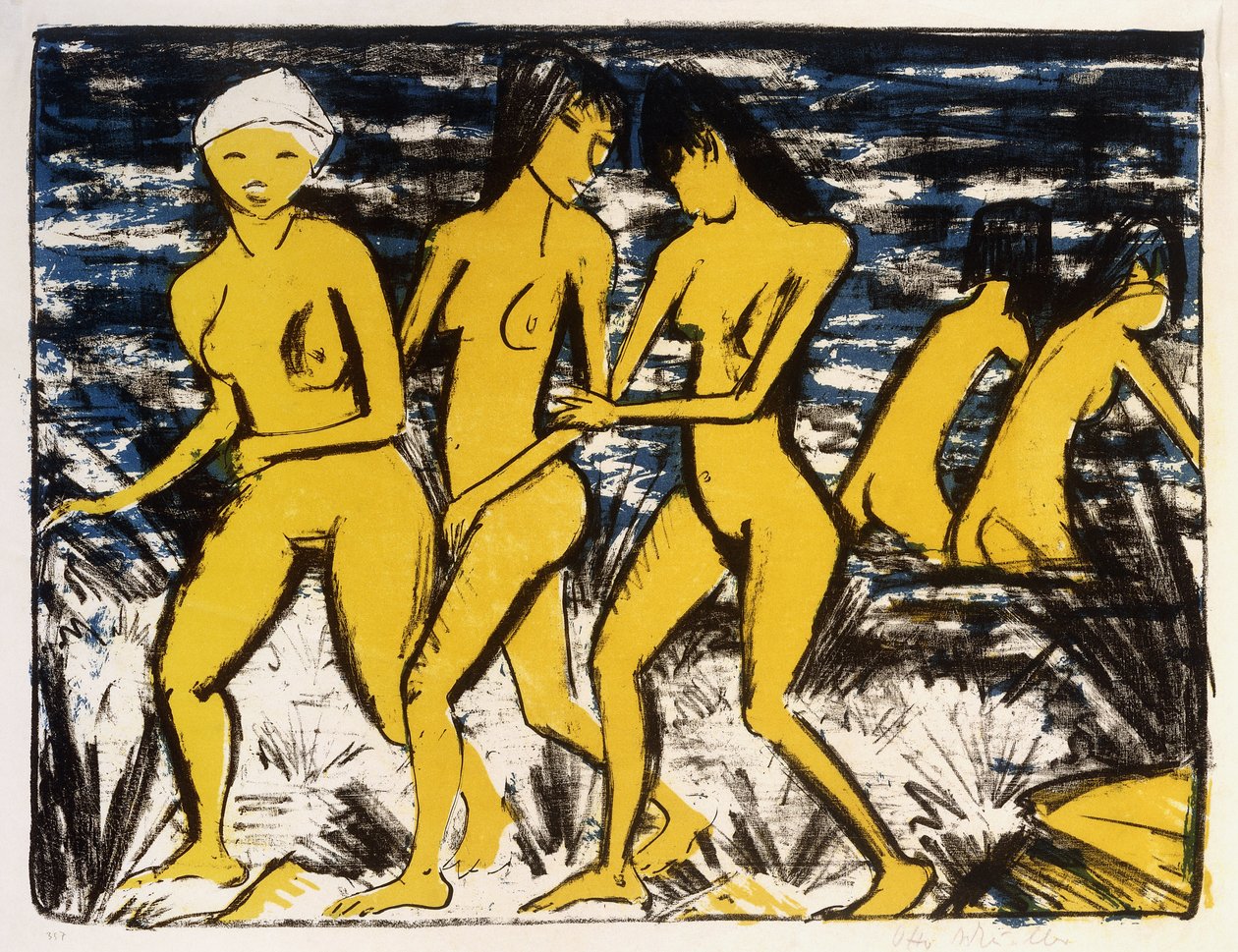 Five Yellow Nudes on the Water by Otto Mueller