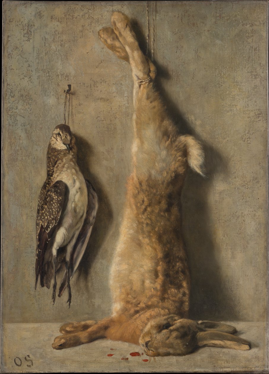Still Life with Dead Hare and Guinea Fowl in Front of a Grey Wall by Otto Scholderer