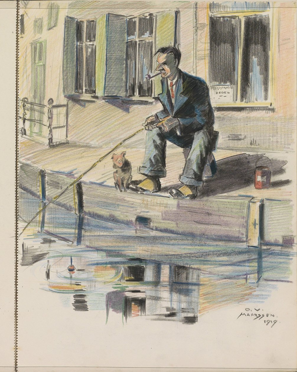Man Fishing by a Canal in Maarssen by Otto Verhagen (I)