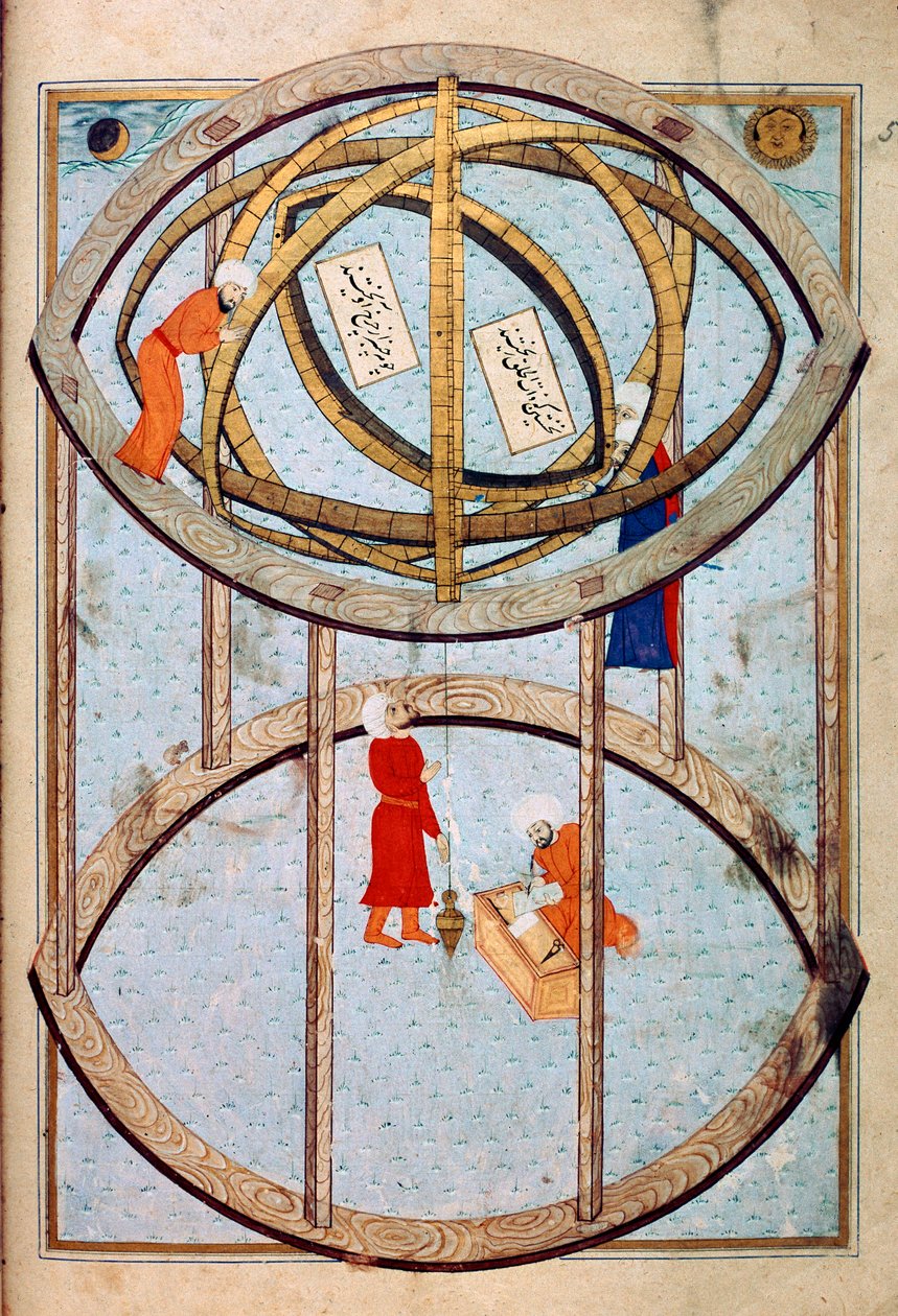 Astronomers manipulating a huge armillary sphere and tools to measure longitude and latitude by Ottoman School