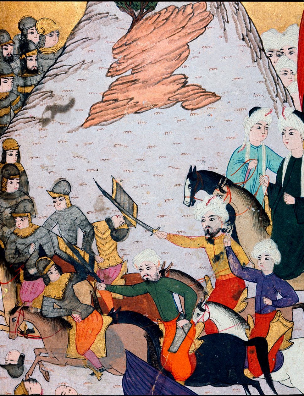 Ottoman Empire: clashes between the army of Sultan Bayezid I (Bajazet) (1360-around 1402) against the Franco-Hungarian alliance during the Battle of Nicopolis on 25/09/1396. 15th century miniature. Topkapi Sarayi Museum Library, Istanbul by Ottoman School