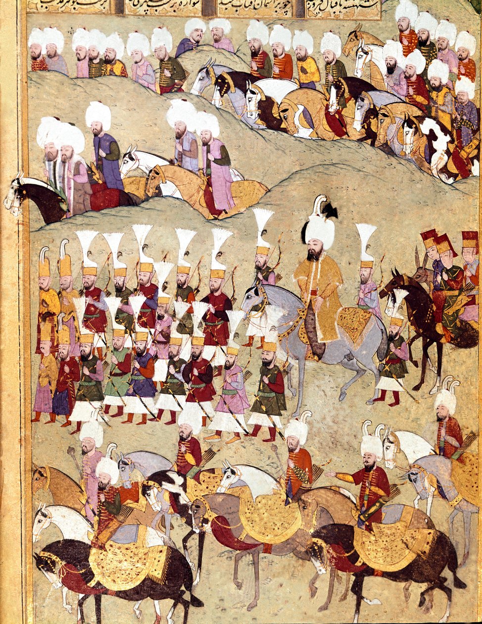 Ottoman Empire: representation of Ottoman Sultan Murad II (Murat) (1404-1451) and his army during the invasion of Persia. Manuscript miniature ms. FY 1404 “Sehinsahname” (or Shahinshah-nameh) by Ottoman School