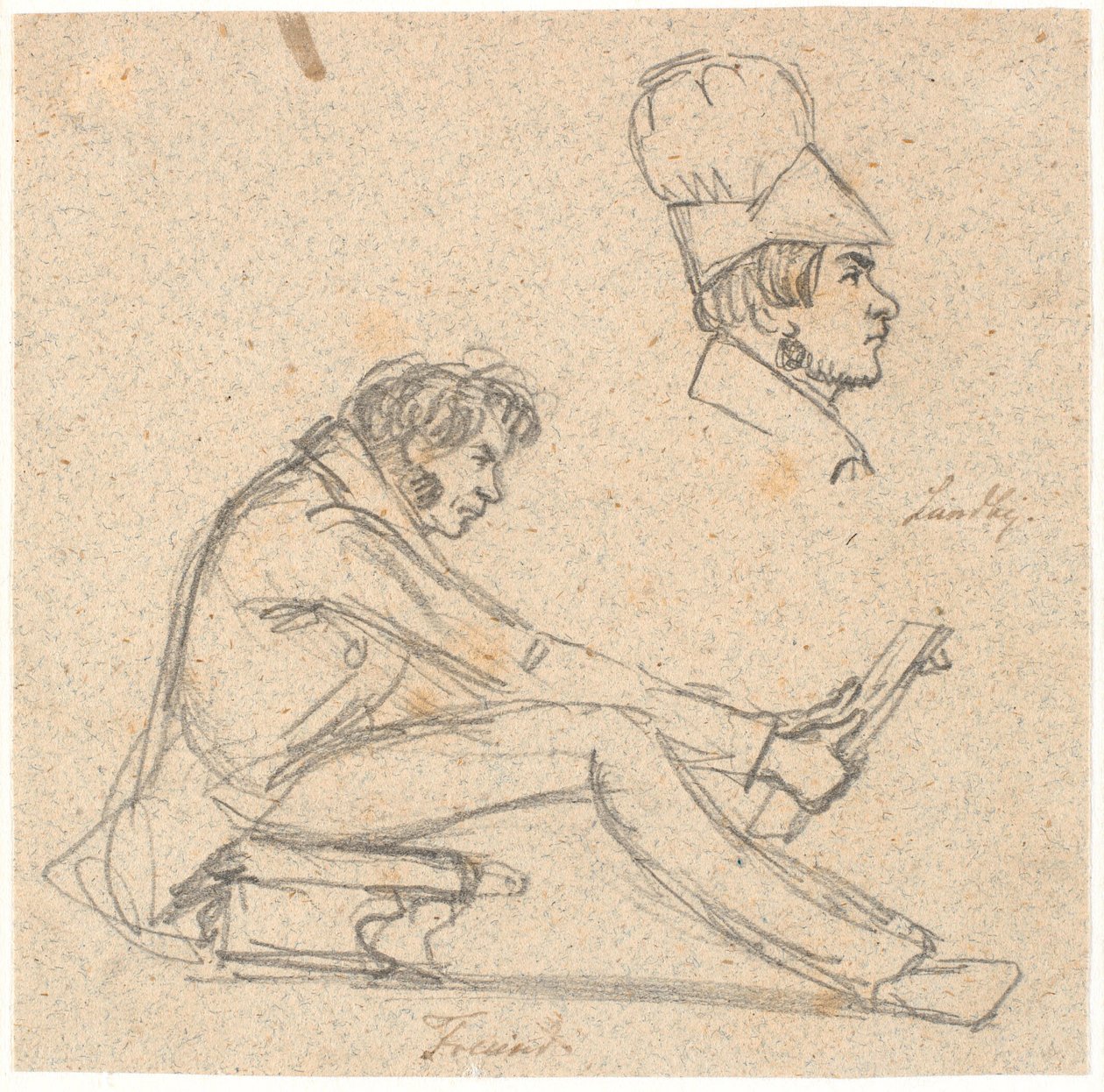 H.E. Freund sitting on a stool and contemplating a drawing. Above right, profile portrait of J. Th. Lundbye. by P.C. Skovgaard