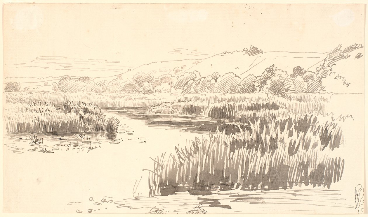 Landscape with a Stream Along Whose Banks Grow Tall Reeds. Hills in the Background. Probably Vejle by P.C. Skovgaard