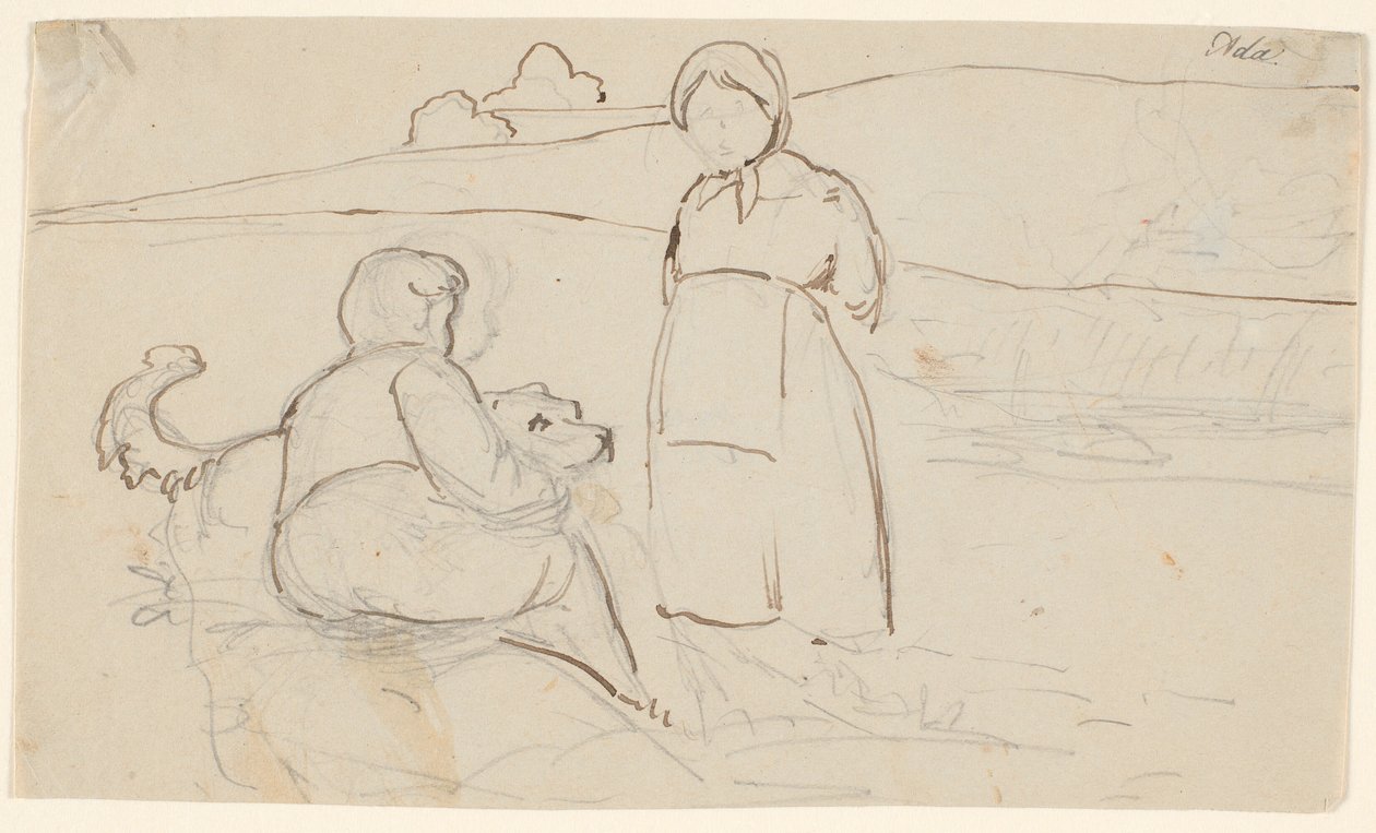 Seated Boy with Dog and Standing Girl in a Landscape by P.C. Skovgaard
