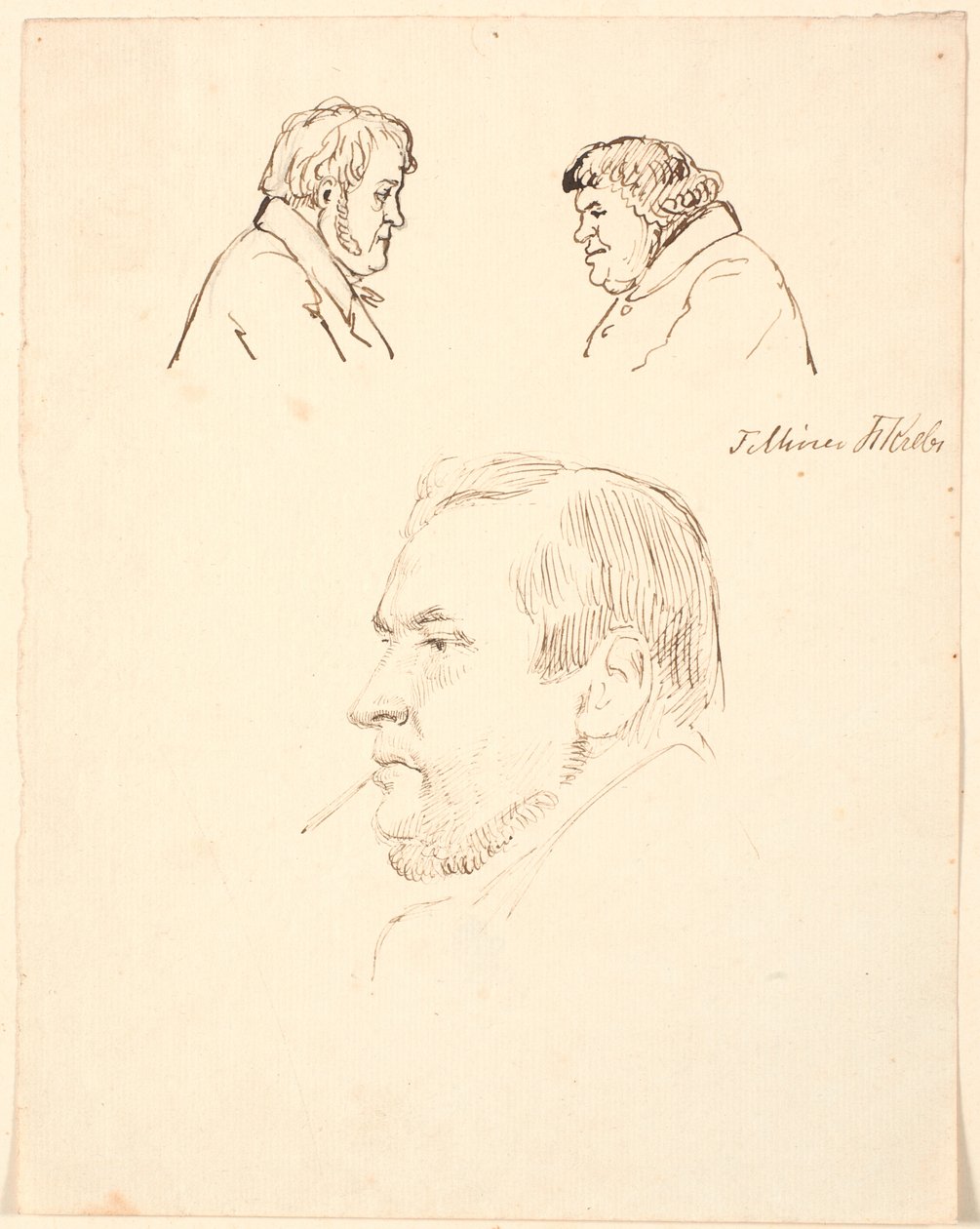 Two Caricatured Male Profiles and a Male Portrait in Profile Facing Left by P.C. Skovgaard