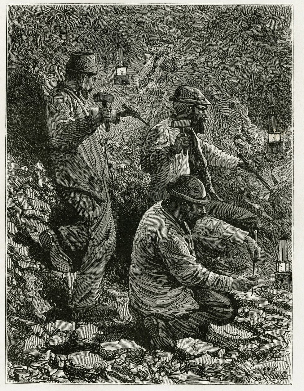 Miners extracting coal into the vein. Engraving by Ferat, to illustrate the story “Belgium”, by Camille Lemonnier. Published in Le Tour du monde, nouveau journal des voyages, 2nd semester 1884, edited by Edouard Charton by P. Ferat