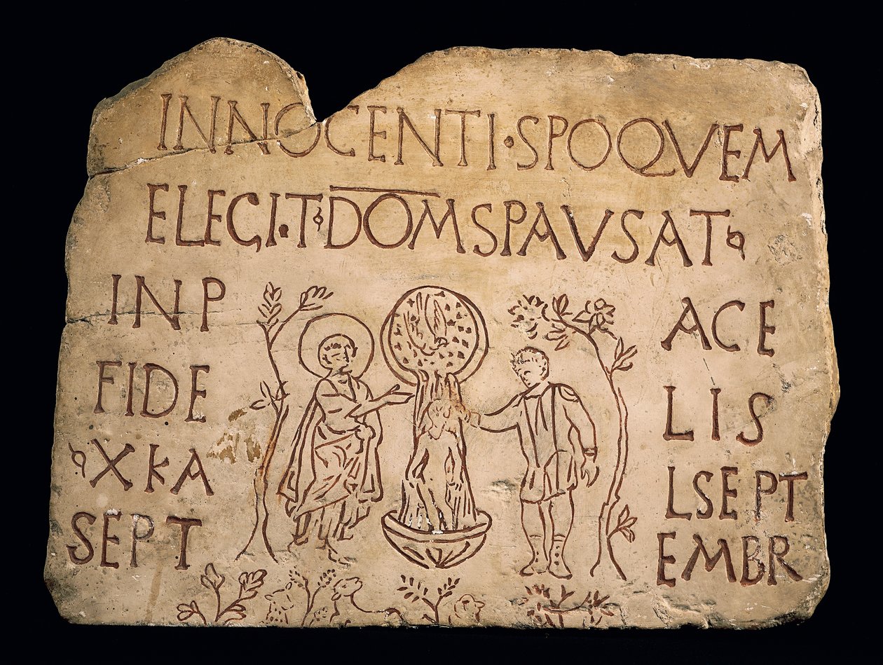 Tombstone with Inscription and the Baptism of Christ, Early Christian Period, 3rd Century by Paleo Christian