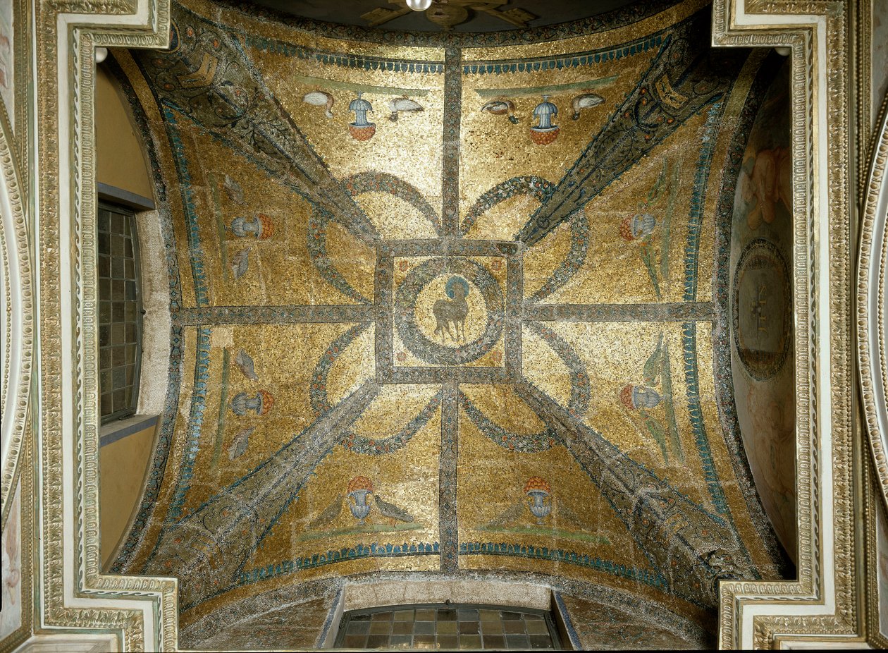 Mosaics of the 5th century, in the center the lamb. Vault of the chapel of St. John the Evangelist inside the Paleochristian baptistery of San Giovanni in Laterano, built around 440. Rome by Paleo Christian