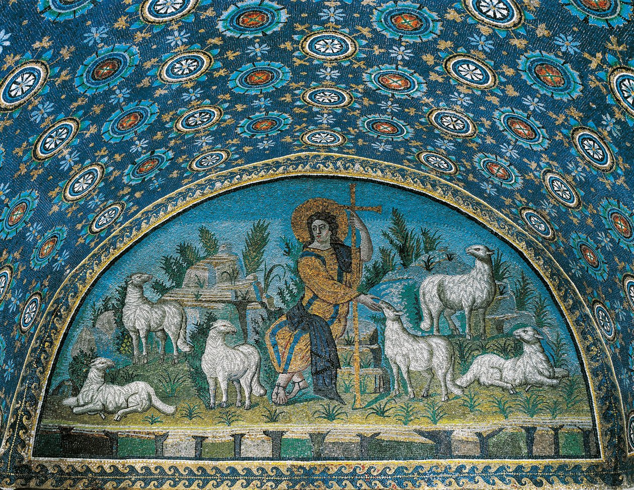 The Good Shepherd, Mosaic of the bezel above the entrance door of the Mausoleum of Galla Placidia, c.425 by Paleo Christian