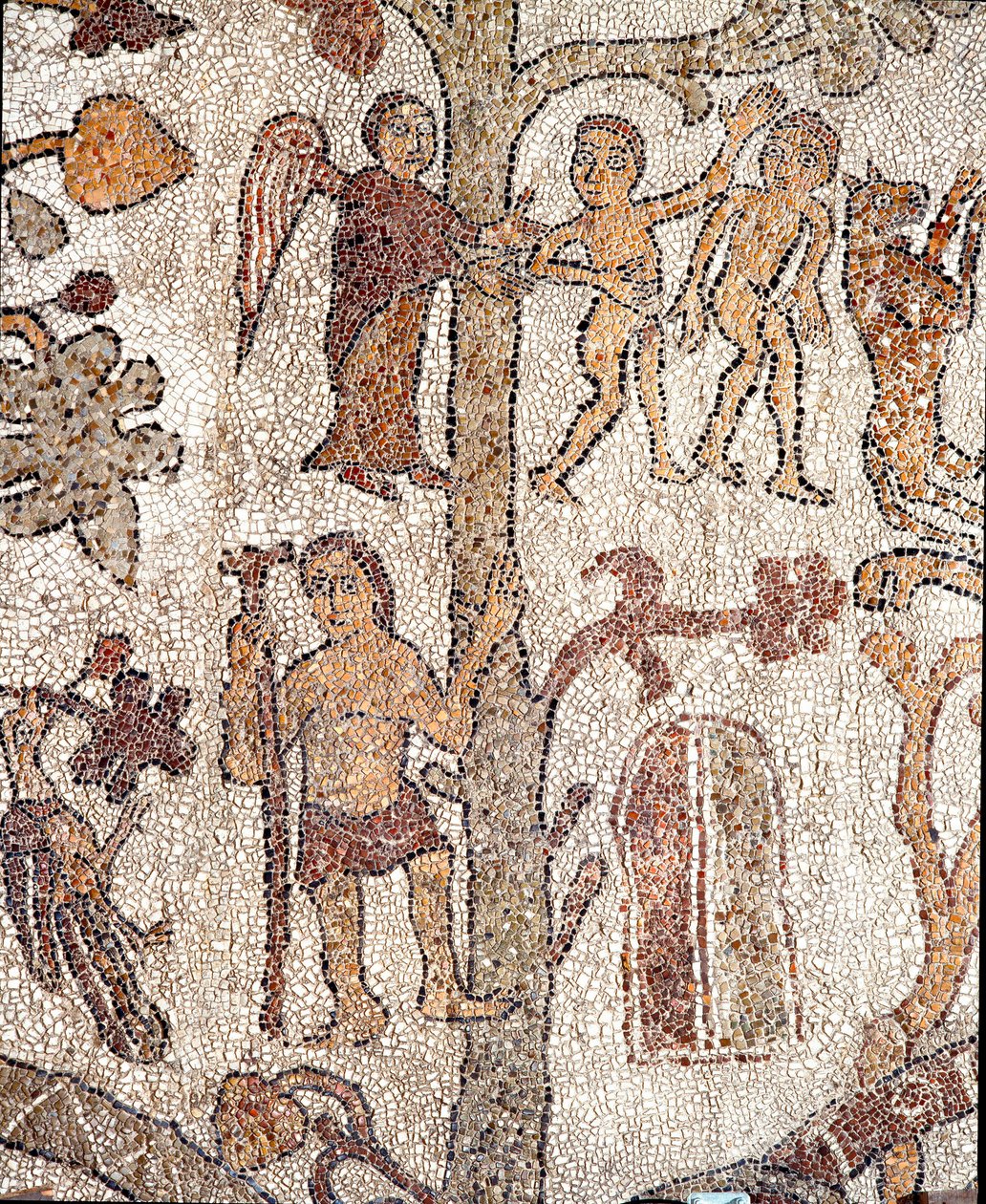 Adam and Eve Expelled from the Garden of Eden, Mosaic of Pantaleone, Priest and Mosaicist. 1163-1166. Central Nave of the Cathedral of Otranto by Pantaleon