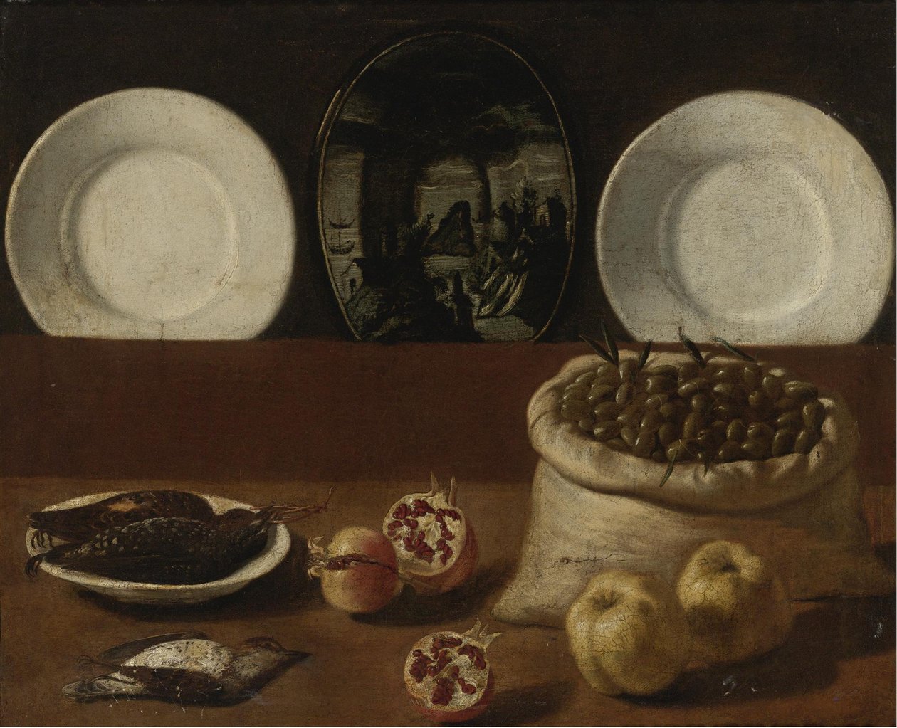 Still Life with Plates, a Sack Filled with Olives, Game, Pomegranates, and Quince by Paolo Antonio Barbieri