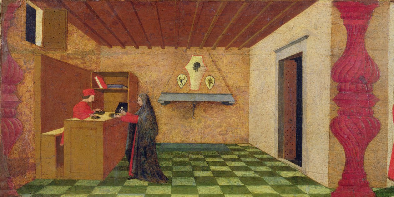 Predella of the Profanation of the Host: The Christian Woman Forced to Redeem her Cloak at the Price of the Consecrated Host by a Jewish Pawnbroker (detail) by Paolo Uccello
