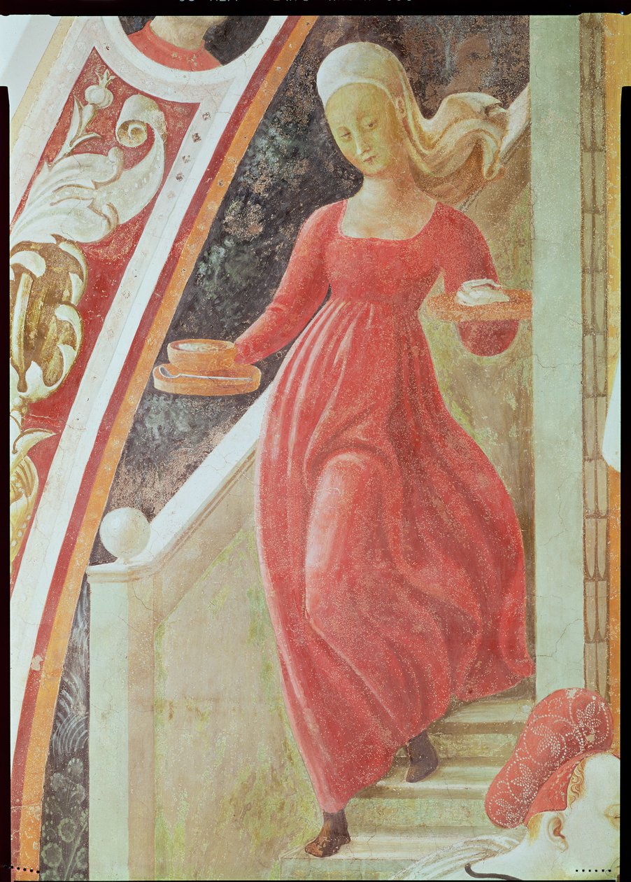 The Birth of the Virgin (detail of a maid servant descending a staircase) by Paolo Uccello