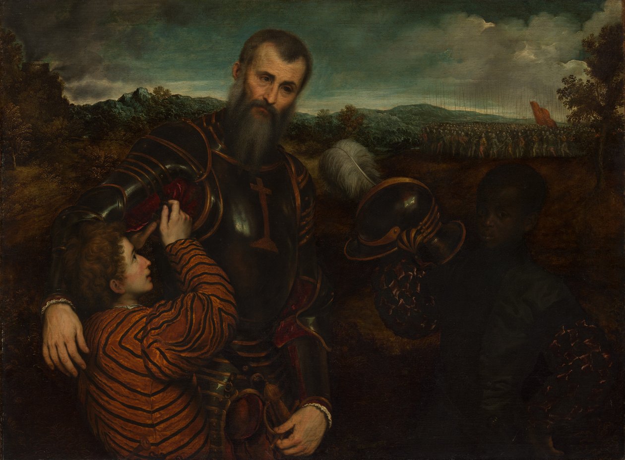 Portrait of a Man in Armor with Two Pages by Paris Bordone